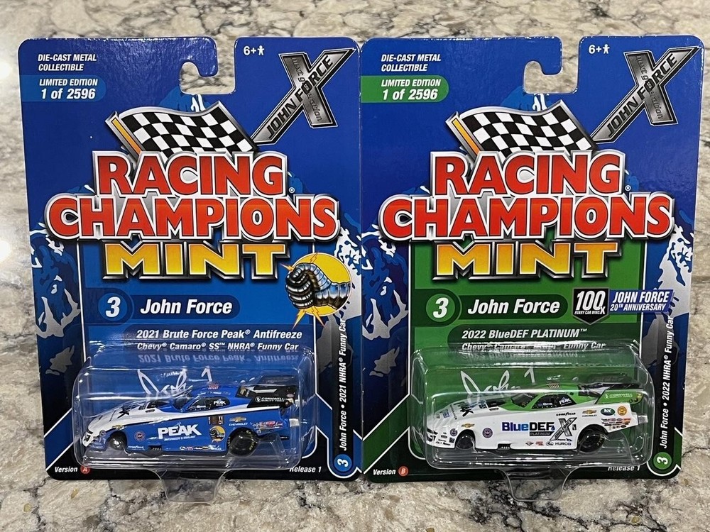 Racing Champions MINT John Force 2022 BlueDEF & 2021 PEAK Funny Car Set 1/64