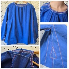 Vintage 50s-70s Embroidered Blue Cotton Shirt Sanfor Swiss Folk Smock Size M-XL