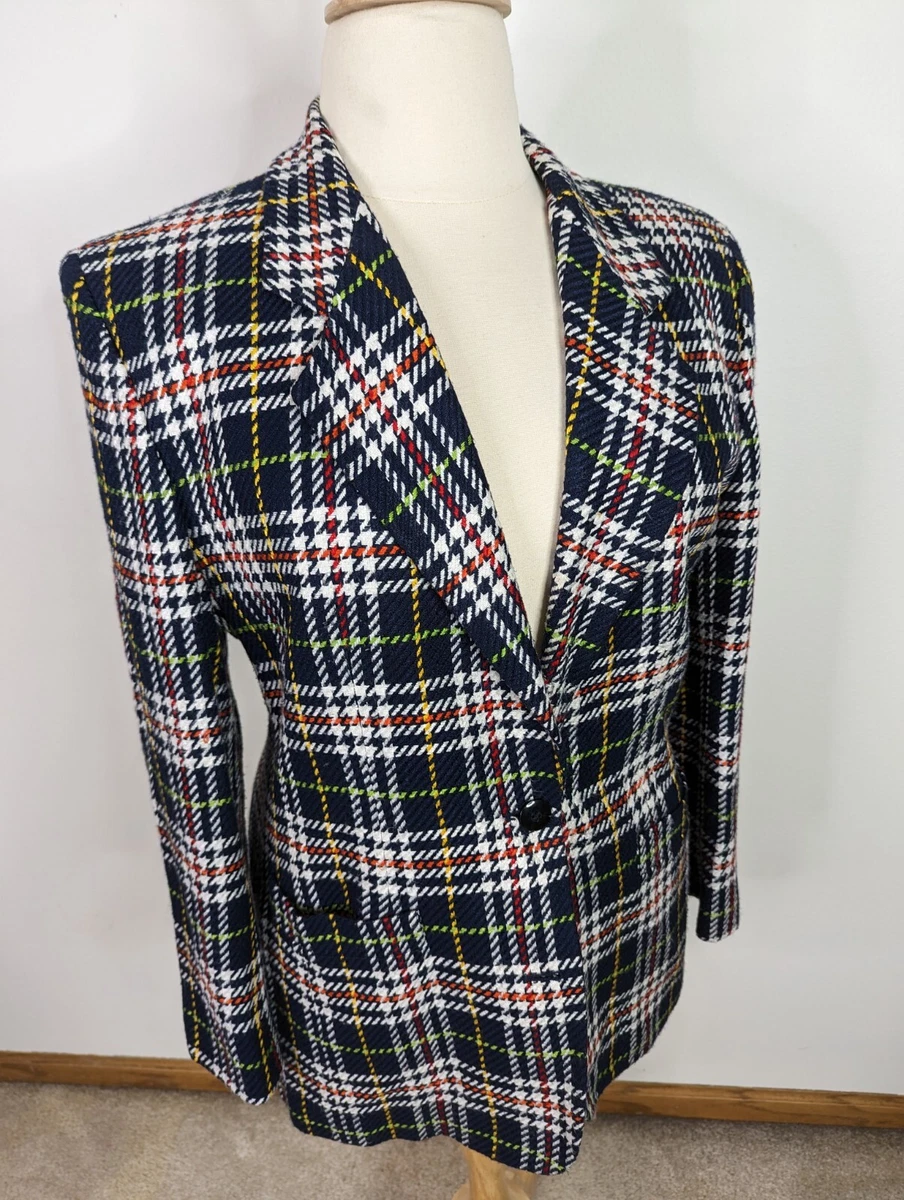 Vintage 80/90s Oversize Blazer Jacket Sport Coat Women's Large 14/16 Plaid  Blue