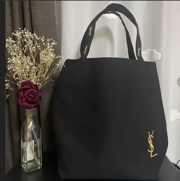 YSL Yves Saint Laurent Novelty Tote Bag Black Gold Embroidery Logo Japan