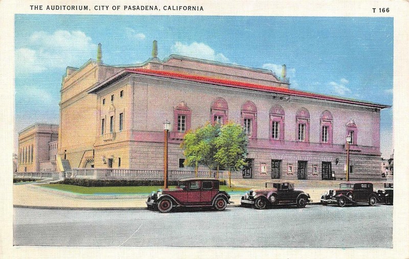 PASADENA, CA California  THE AUDITORIUM~Cars On Street  c1930's Linen Postcard