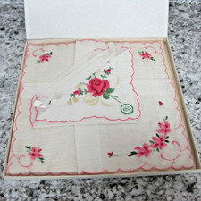Vintage Embroidered Rose Handkerchief Set of 2 Cotton Desco Original Box Gift