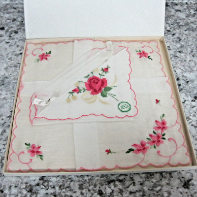 Vintage Embroidered Rose Handkerchief Set of 2 Cotton Desco Original Box Gift