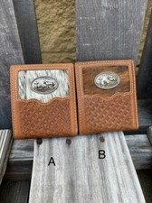 Basketweave Leather Bifold Wallet with Praying Cowboy Concho on Cowhide Inlay