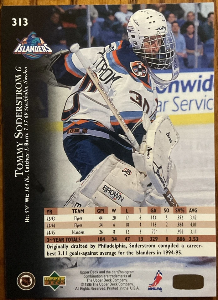 1995-96 Upper Deck Electric Ice Gold RARE Tommy Soderstrom #313 - Image 2 of 3