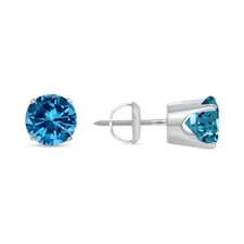 2.5 Ct Round Cut Blue VS Lab Grown Diamond 14K White Gold Earrings Crown Screw