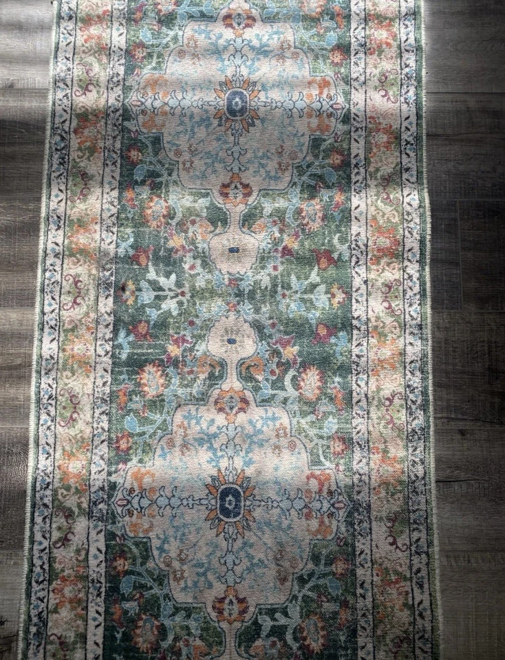 Per'sian Medallion Runner Rug 2.5 X 14.5 Floral Green Vintage Hallway - Image 3 of 4
