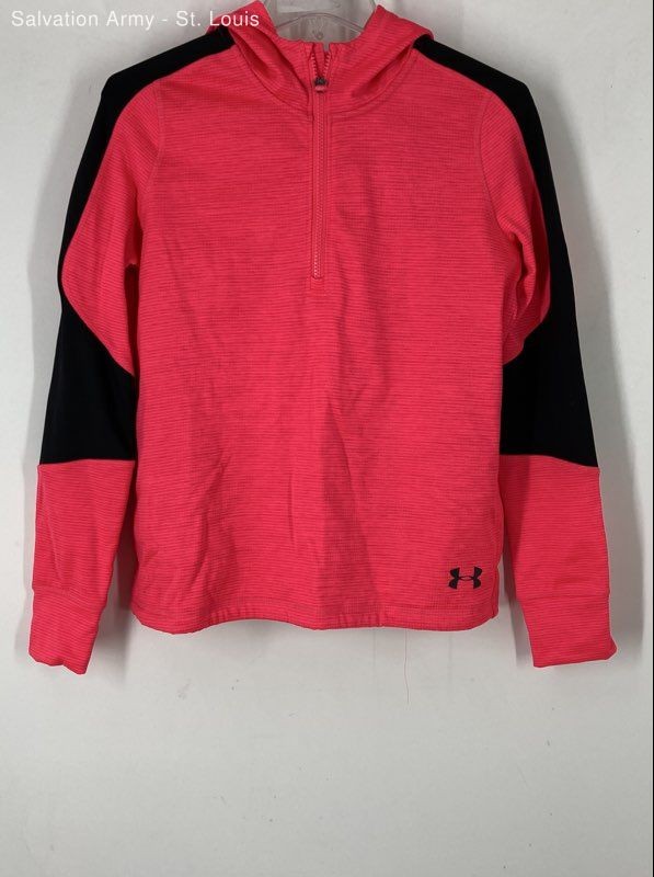 Under Armour Girls Coldgear Pink Black Long Sleeve 1/4 Zip Pullover Hoodie Sz L