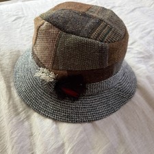 Hanna Hats of Donegal Patchwork Tweed Wool Bucket Hat Blue Ireland L Handcrafted