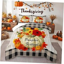 Fall Pumpkin Comforter Set Sunflowers Geometric Plaid Comforter Queen Multi 02