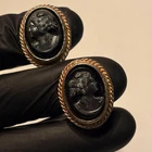Vintage Black Cameo Clip On Earrings Gold Tone Oval Portrait Costume Jewelry