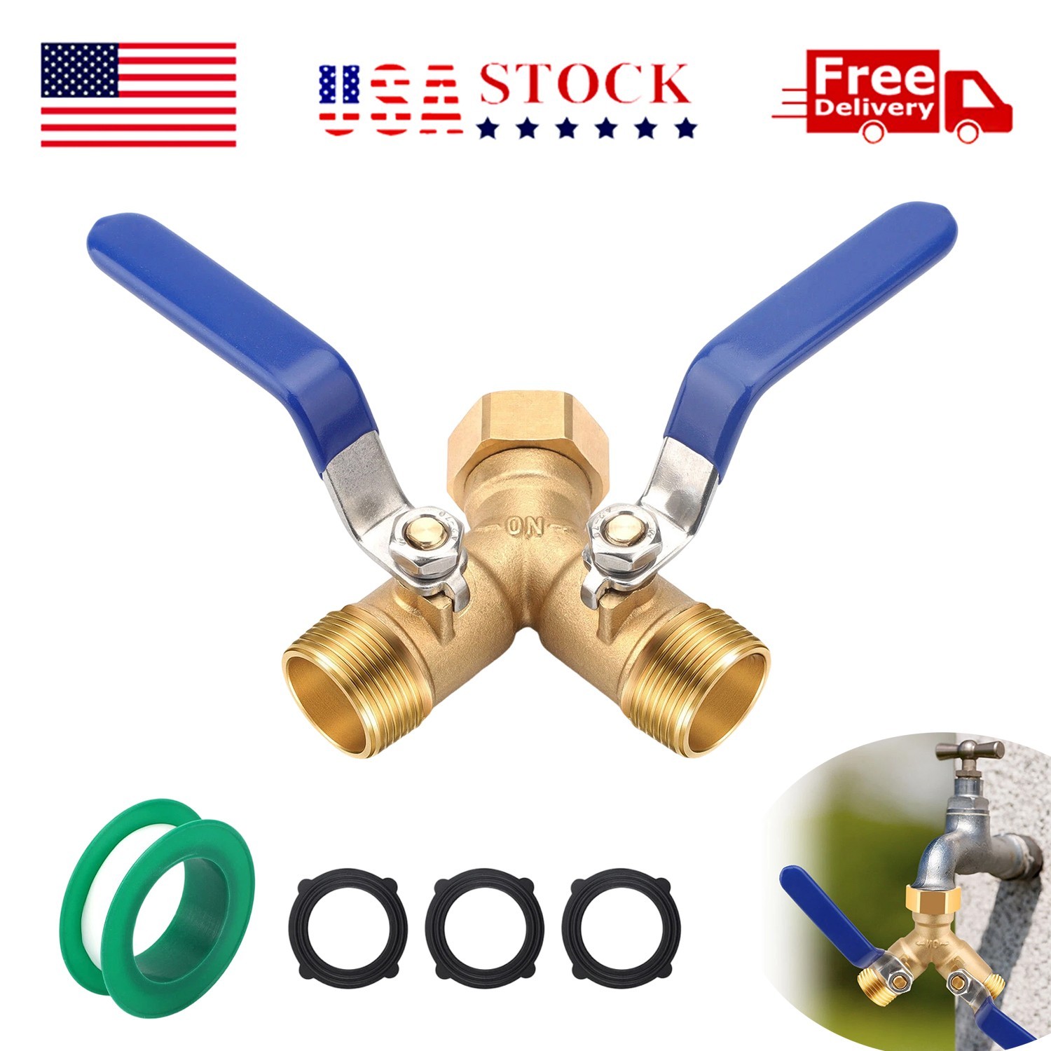 3/4" Garden Hose Splitter 2 Way Heavy Duty Brass Y Connector Adaptor w/ 2 Valves