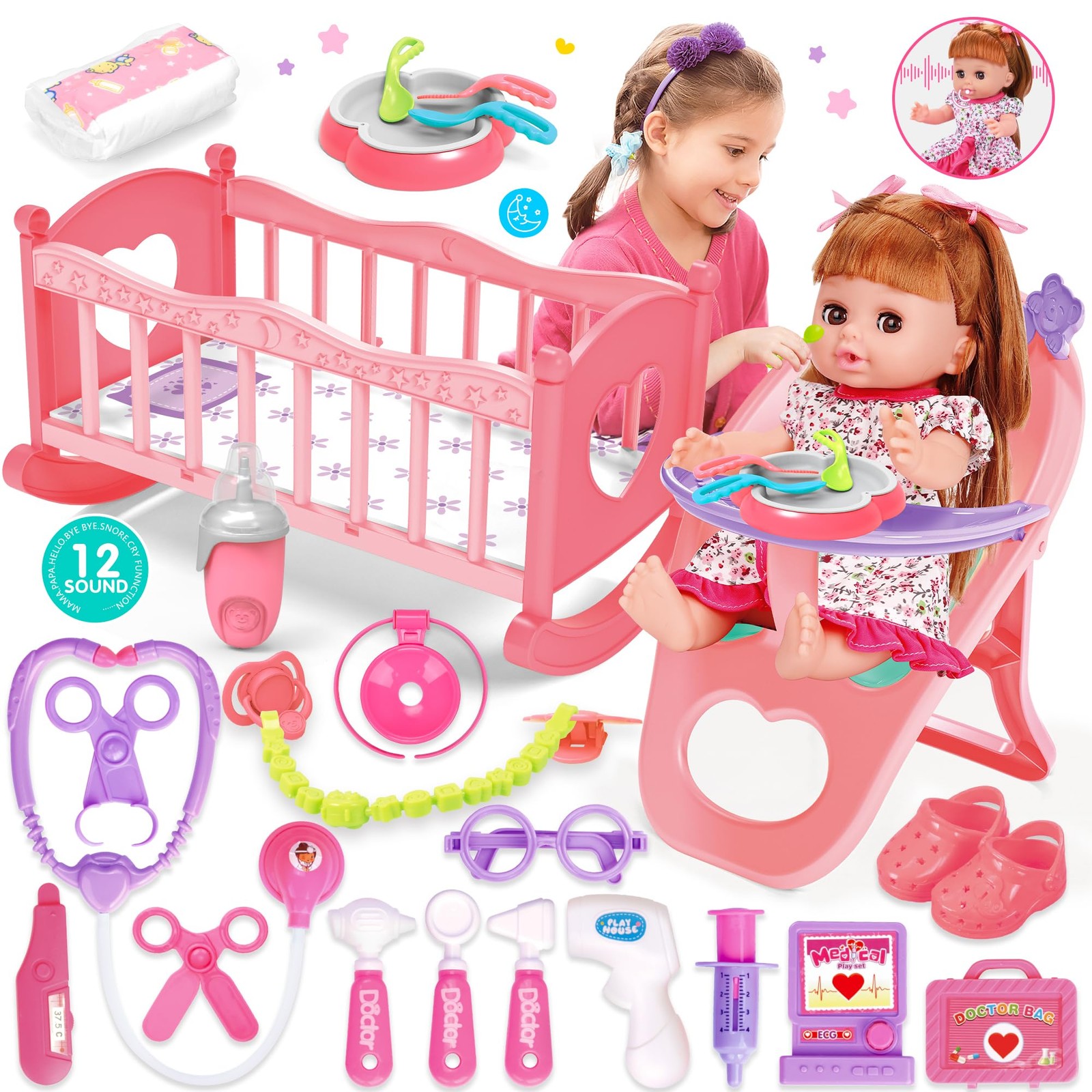 14 Baby Doll Care Set with Cradle, High Chair, Bottle  Accessories for Kids