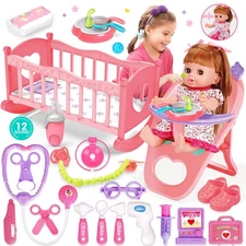 14 Baby Doll Care Set with Cradle, High Chair, Bottle  Accessories for Kids