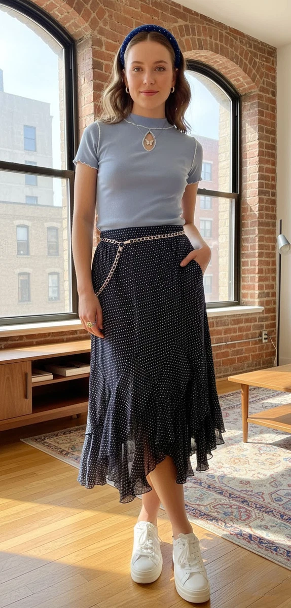 Jupe Adrianna Papell Mi-mollet - Navy Blue à Pois, Soie, Taille 10, Occasion Très Bon état