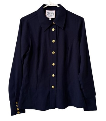 Alexia Admor Navy Long Sleeve Blouse Women Size 6 Gold-Tone Buttons Lux Work Top