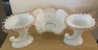 Fenton Milk Glass Pink Rose Crest Bowl 11" Vintage  and matching candle holder