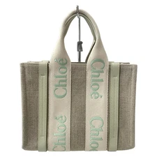 Chloe Woody Small Tote Bag - Beige Light Green Canvas Leather Tote Bag