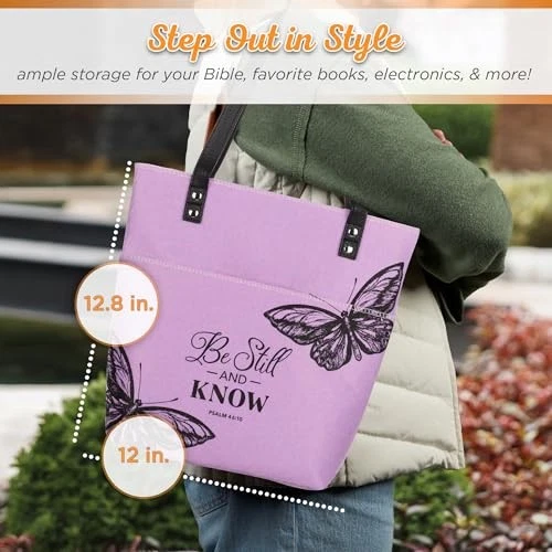 Purple Butterfly Bible Tote Bag Be Still Scripture Carrier For Women - Image 2 of 4