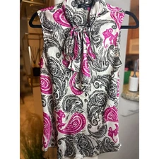 Nine West Tie Neck Satin Paisley Sleeveless Blouse Size M 6-10