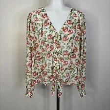 INC International Concepts Top Floral Sheer Button-Up Tie-Front Blouse Women's
