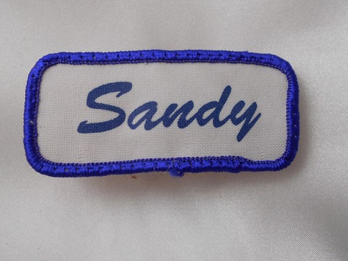 SANDY USED SILK SCREEN VINTAGE SEW ON NAME PATCH TAGS BLUE ON WHTIE - Picture 2 of 2
