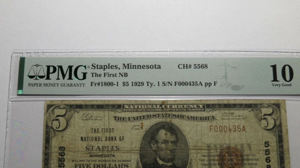 $5 1929 Staples Minnesota MN National Currency Bank Note Bill Ch #5568 VG10 PMG - Image 3 of 4