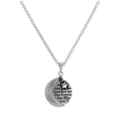 Sterling Silber Öffnung Mond & Stern Liebe Anhänger an 18 Zoll Kette