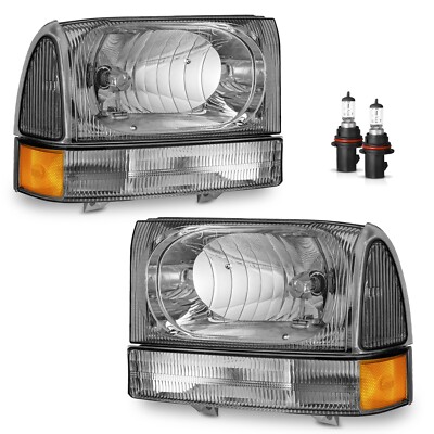 Pair Headlights For 1999-2004 Ford F250 F350 F450 F550 Super Duty Chrome w/Bulbs