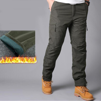 Mens Waterproof Cargo Pants Fleece Work Trousers Cotton Warm Snow Pants Overalls