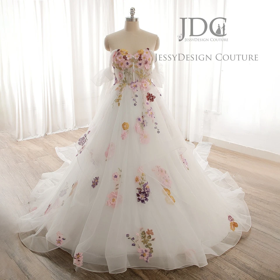 Gerafftes Farbiges Ballkleid Brautkleid Schnürt 44 36 38 40 42 Blumen Duchesse - Bild 1 von 4