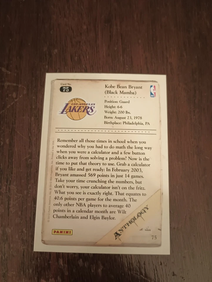 2012-13 Panini (Kobe Bryant Anthology) #75 (MINT) - Image 2 of 2