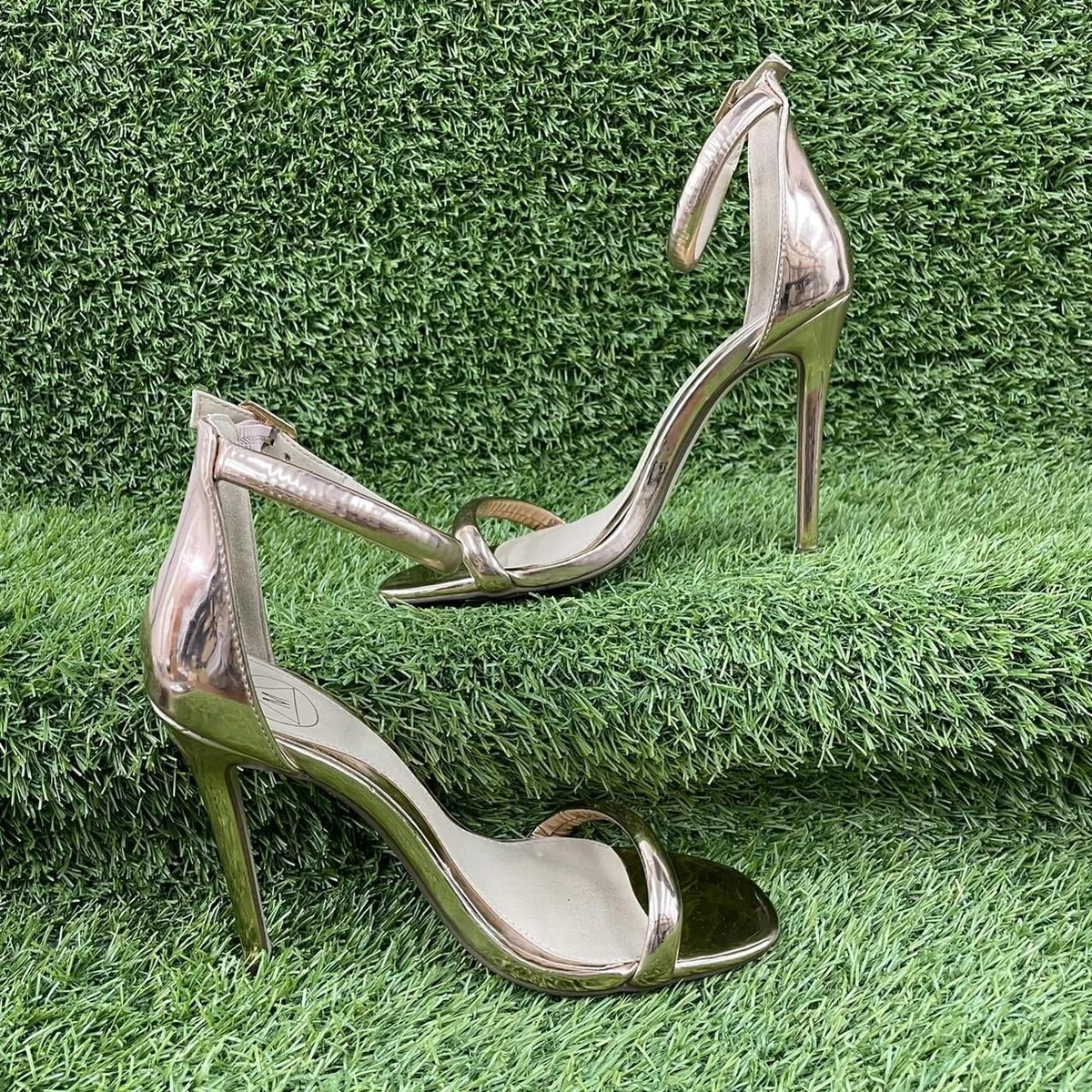 MISSGUIDED ROSE GOLD LEATHER HIGH HEELS METALLIC SANDALS SQUARE