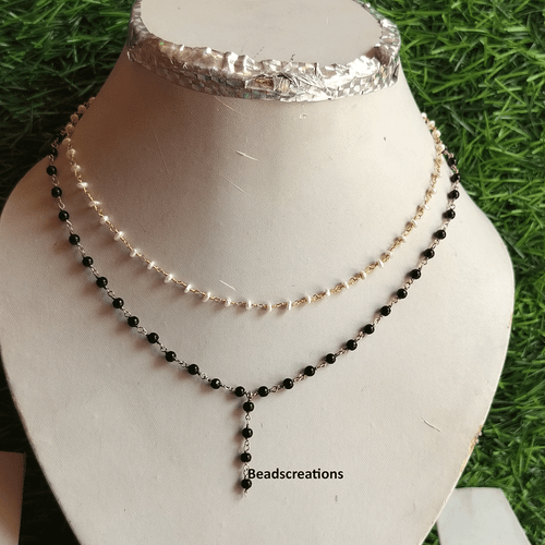 Glatte 2 mm schwarze Perle und weiße Perle Rosenkranz Kette Halskette geschenkt - Bild 1 von 6