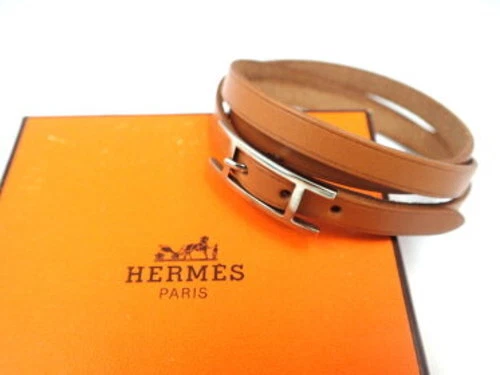 HERMÈS HERMES Bracciale Pelle Collana Hapi 3 Argento Marrone Naturale Donna JPN