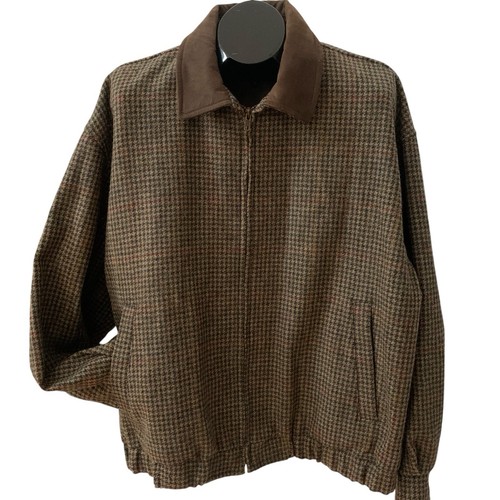 Vtg Jos A Banks Brown Houndstooth Wool Zip Up Jacket Men’s Large Leather Trim - Picture 2 of 11