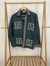 VTG Guatemalan Handwoven Quetzel Peacock Button Down Aztec Shirt Jacket Pockets