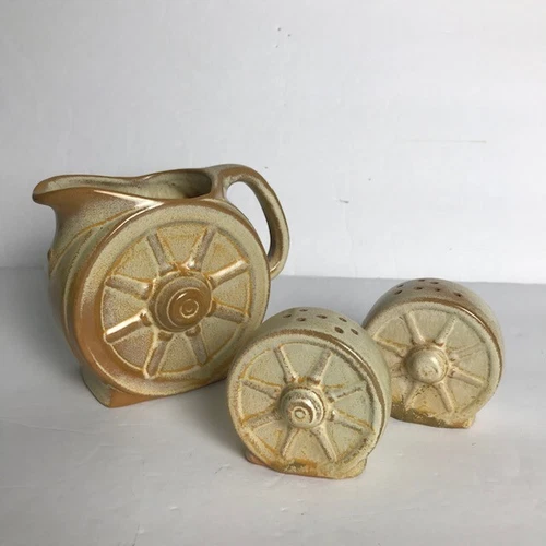 Vintage Frankoma Dessert Gold Wagon Wheel Creamer With Salt and Pepper Shakers