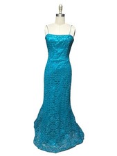 Vintage Prom Dress Maxi Gown L Teal 90S Y2K Lace Overlay Glam Slip Boned Bodice