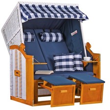 Strandkorb Ostsee Wacholder PE Weiß Dessin Uni Karo Blau