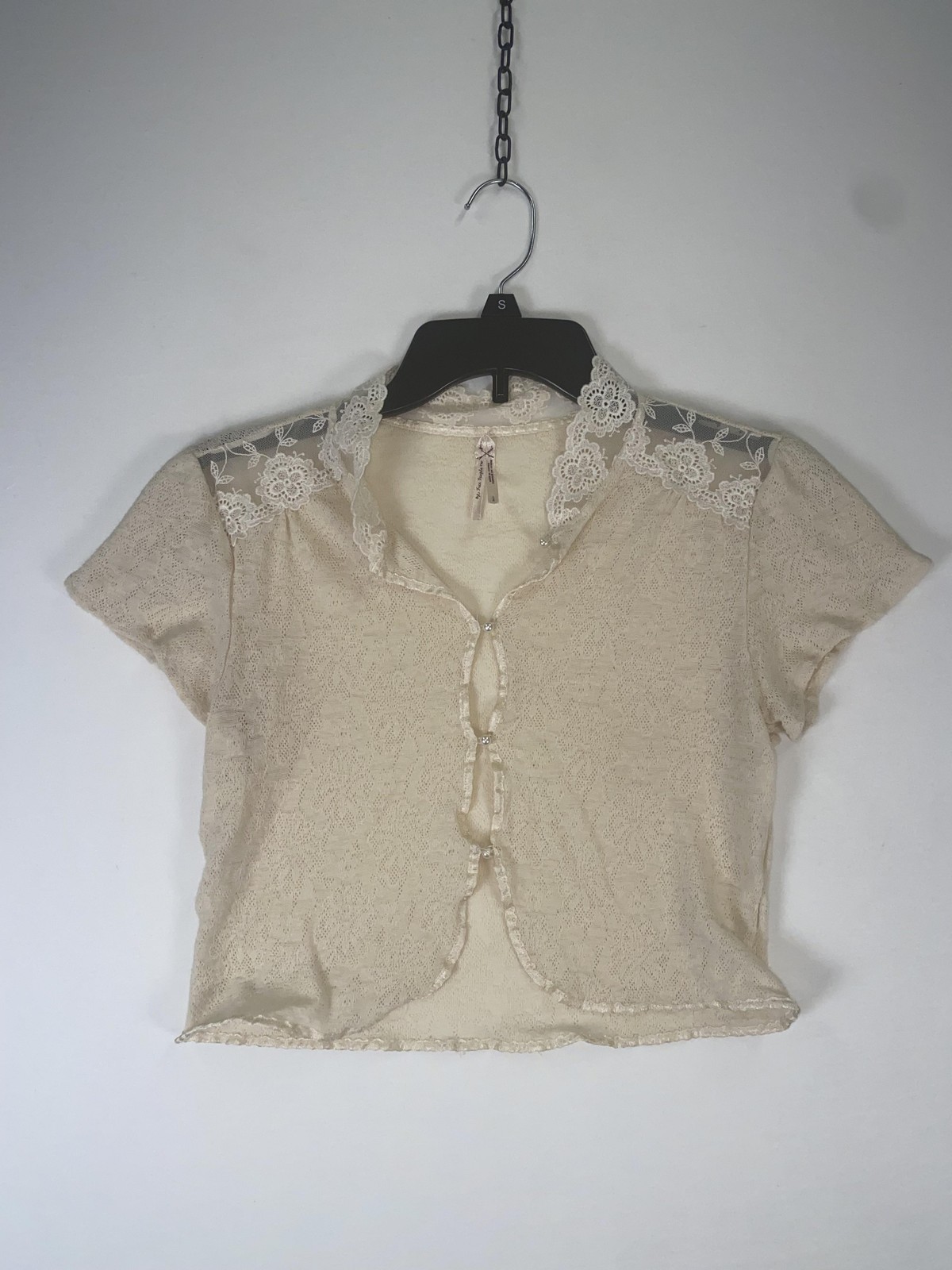 Cardigan Sweater Womens Large White Lace Short Sleeve Open Knit Ruffle Collar-image