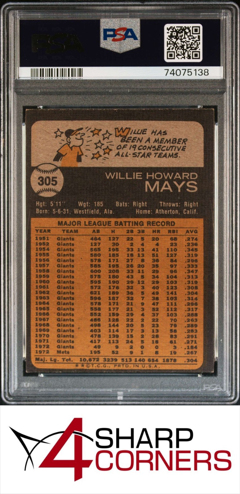 1973 TOPPS #305 WILLIE MAYS METS HOF PSA 6 view 2