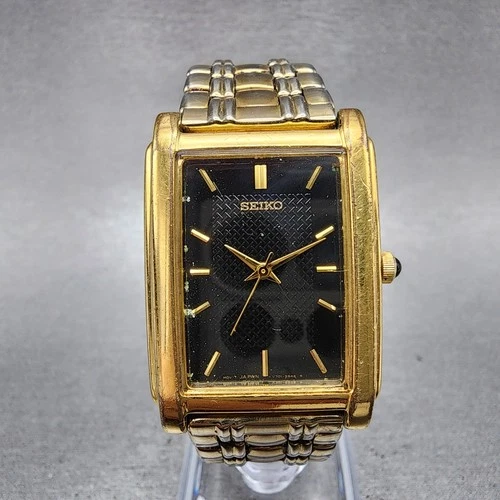 Seiko Tank Watch Men 25mm Black Dial Gold Tone V701-5e49 New Battery