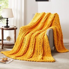 Mustard Yellow Chenille Chunky Knit Throw Blanket 50 x 60 Lightweight Washable