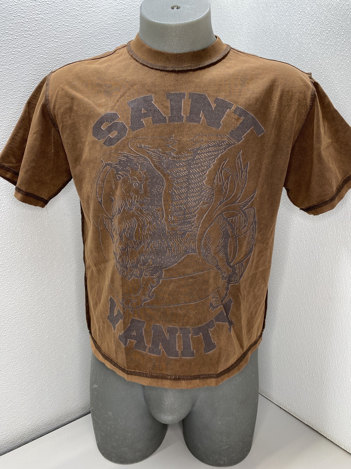 Saint Vanity Mens T-Shirt Mocha Brown Size S Logo Print Short Sleeve Cotton