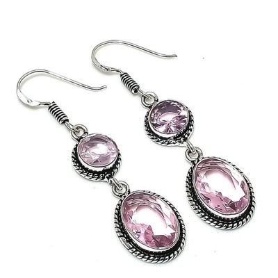 Pink Kunzite Gemstone Handmade 925 Sterling Silver Jewelry Earring Size 1.45''