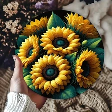 1pc 7.87-Inch Round Aluminum Sunflower Metal Wall Art Sign - Vibrant Yellow & Gr