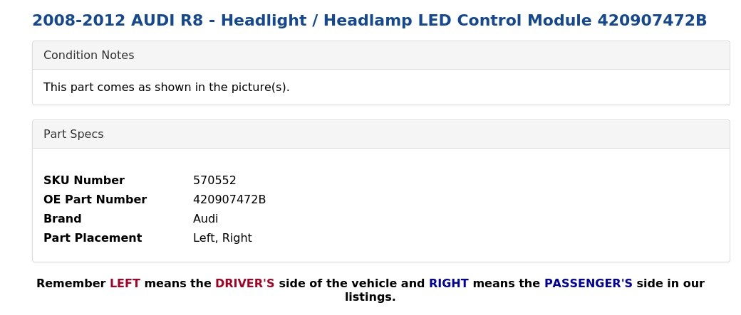 2008-2012 AUDI R8 - Headlight / Headlamp LED Control Module 420907472B