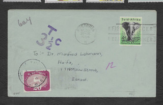 ISRAEL 1956 INBOUND COVER PRETORIA HAIFA 20p POSTAGE DUE AFFIXED 3 1/2c TAX MARK