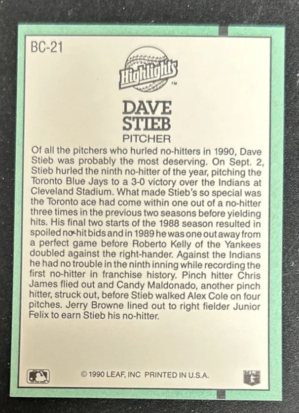 Tarjeta Donruss Dave Stieb Highlights No-Hits Indians 1991 #BC-21 Blue Jays Pitcher Foto 2 de 2